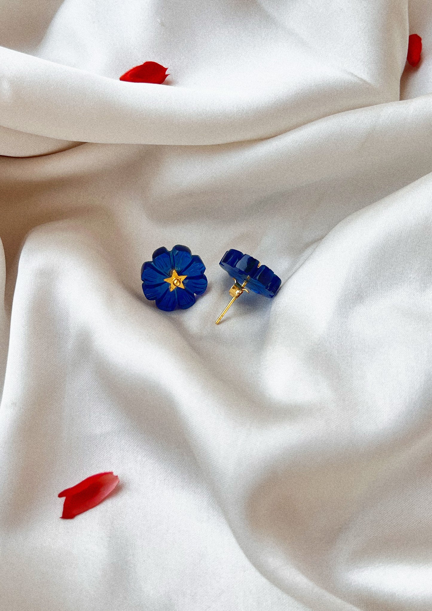 FLOWER STUDS- BLUE QUARTZ CARVED