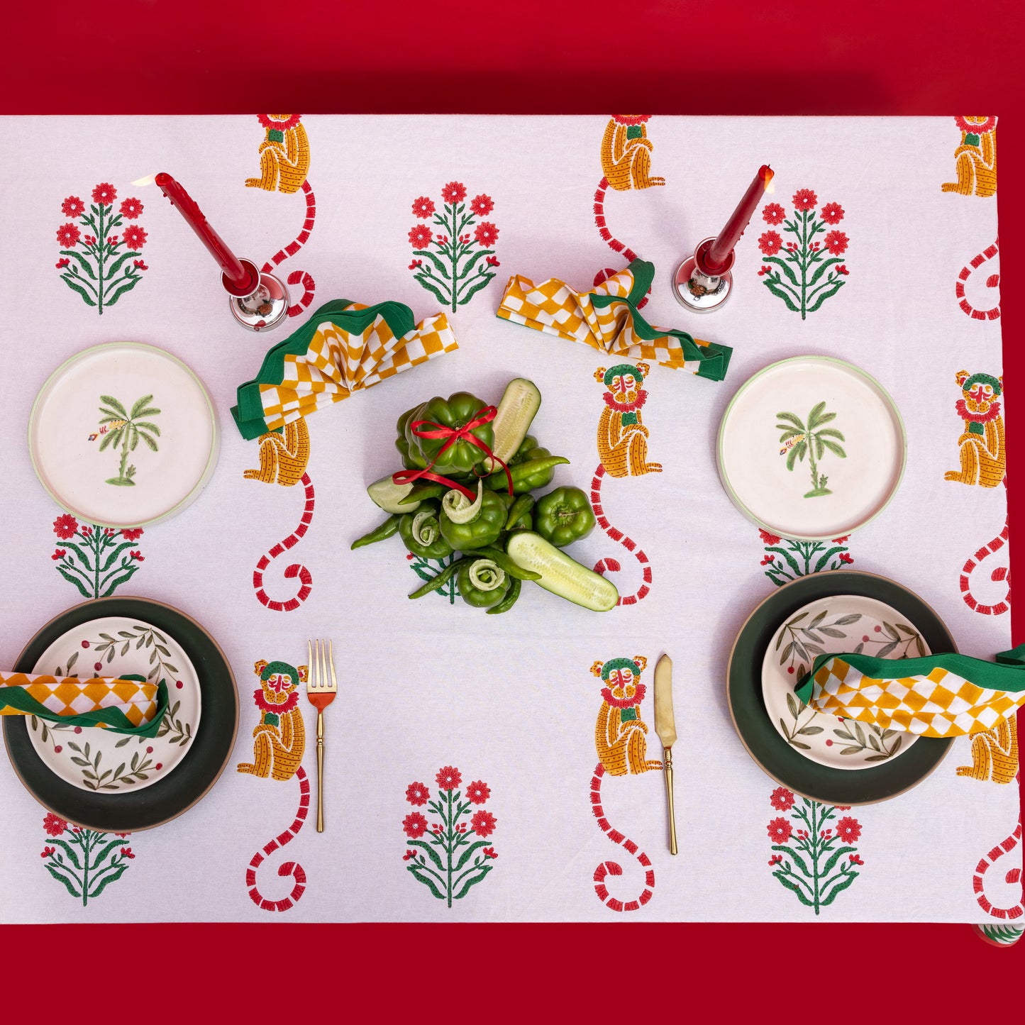 MONKEY MUSTARD AND GREEN TABLE CLOTH