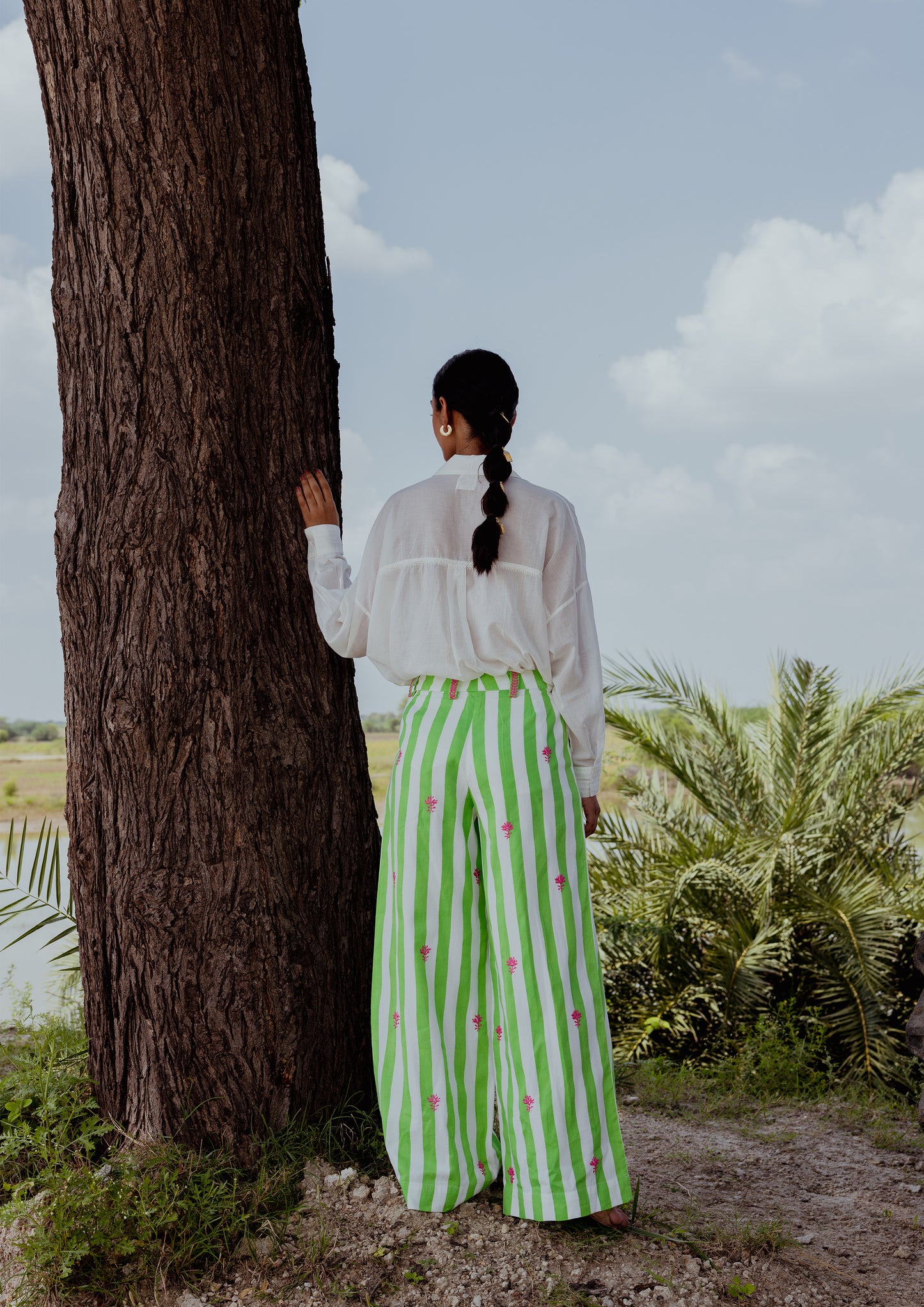 LUCKNOW PANTS- STRIPE CHIKANKARI