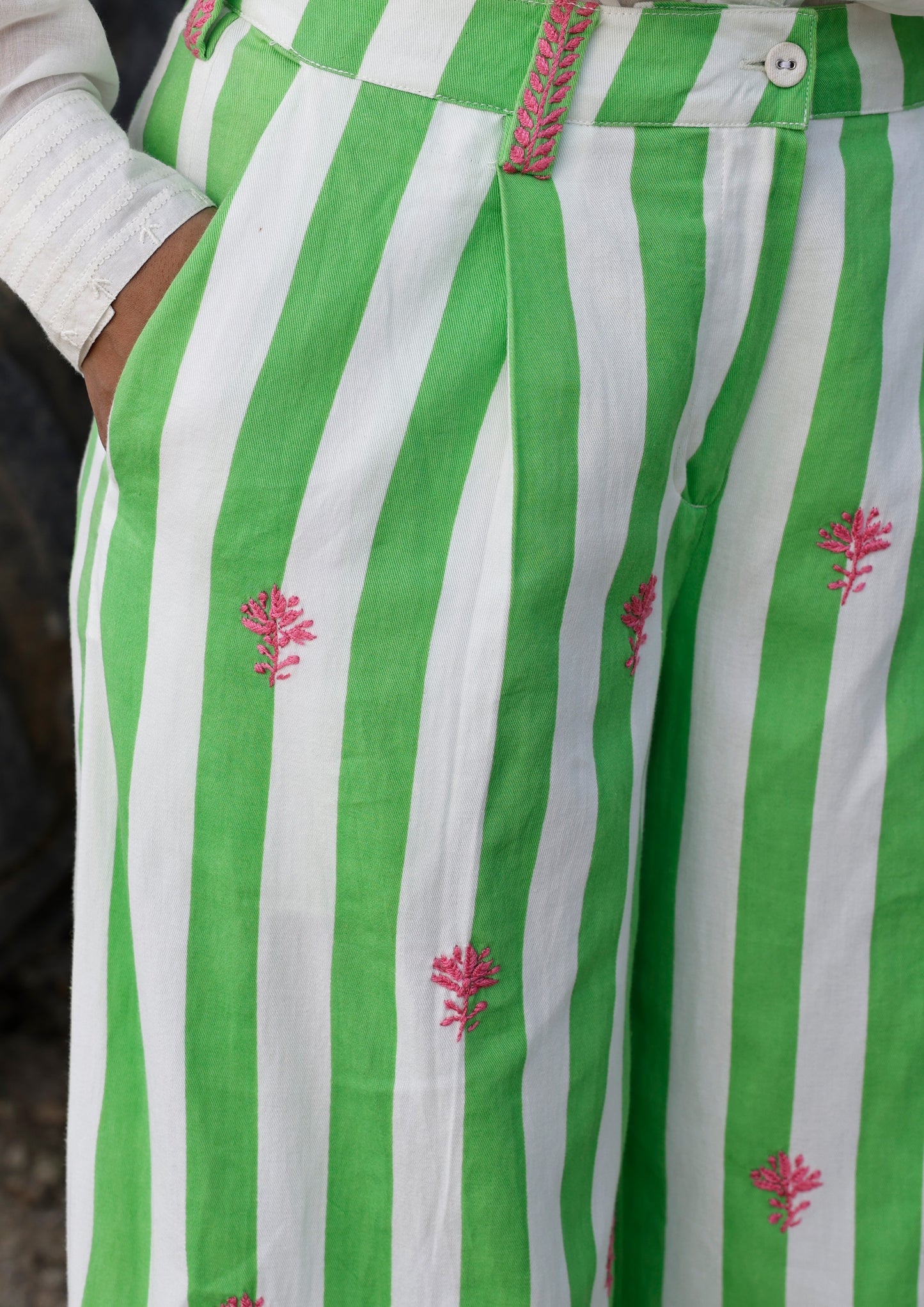 LUCKNOW PANTS- STRIPE CHIKANKARI