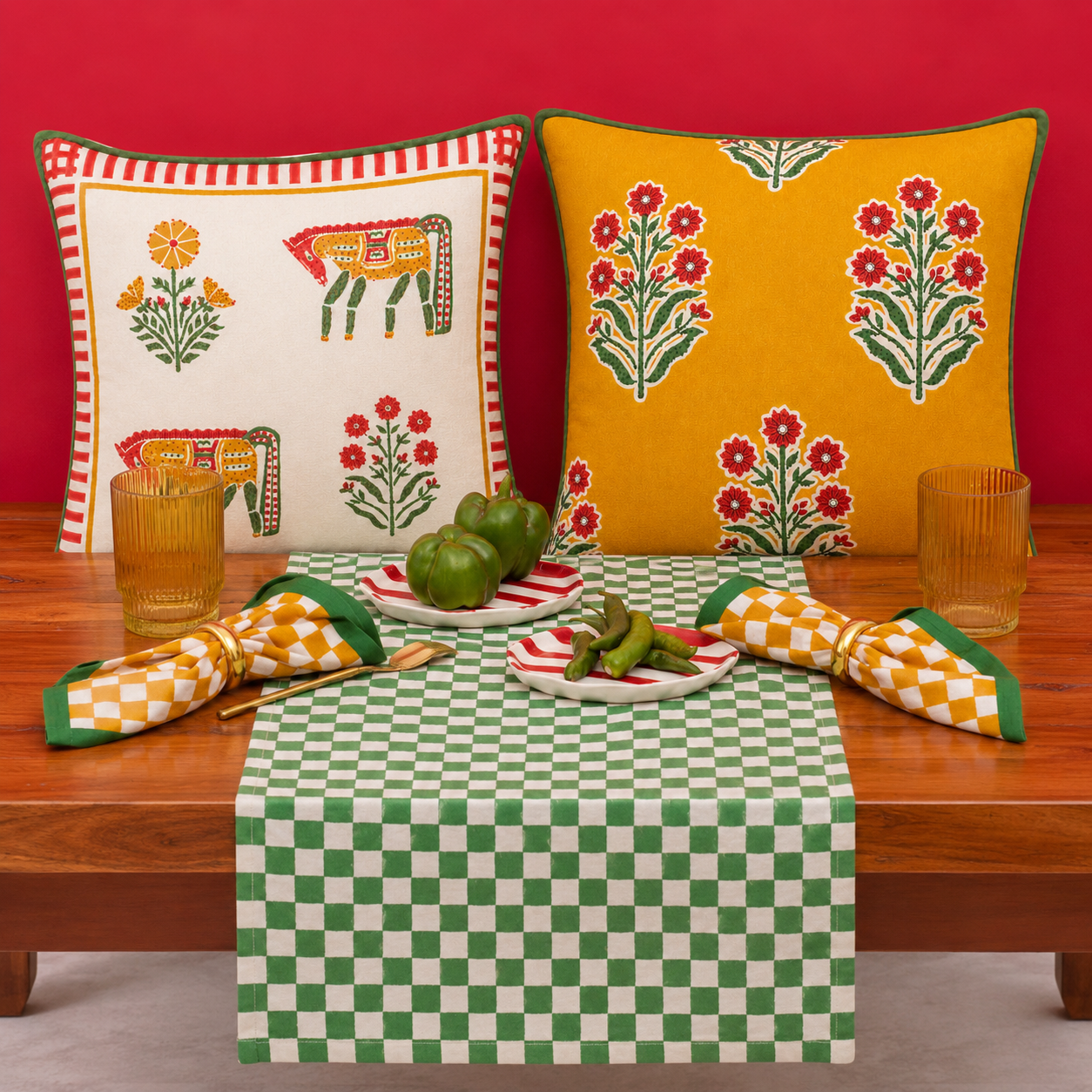 CHEVAL NOMADE MUSTARD AND RED CUSHION COVER
