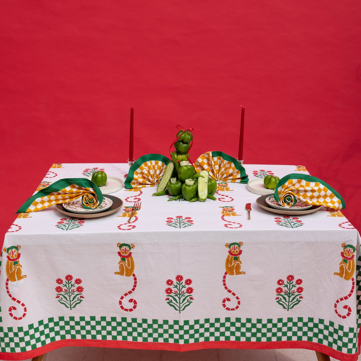 MONKEY MUSTARD AND GREEN TABLE CLOTH