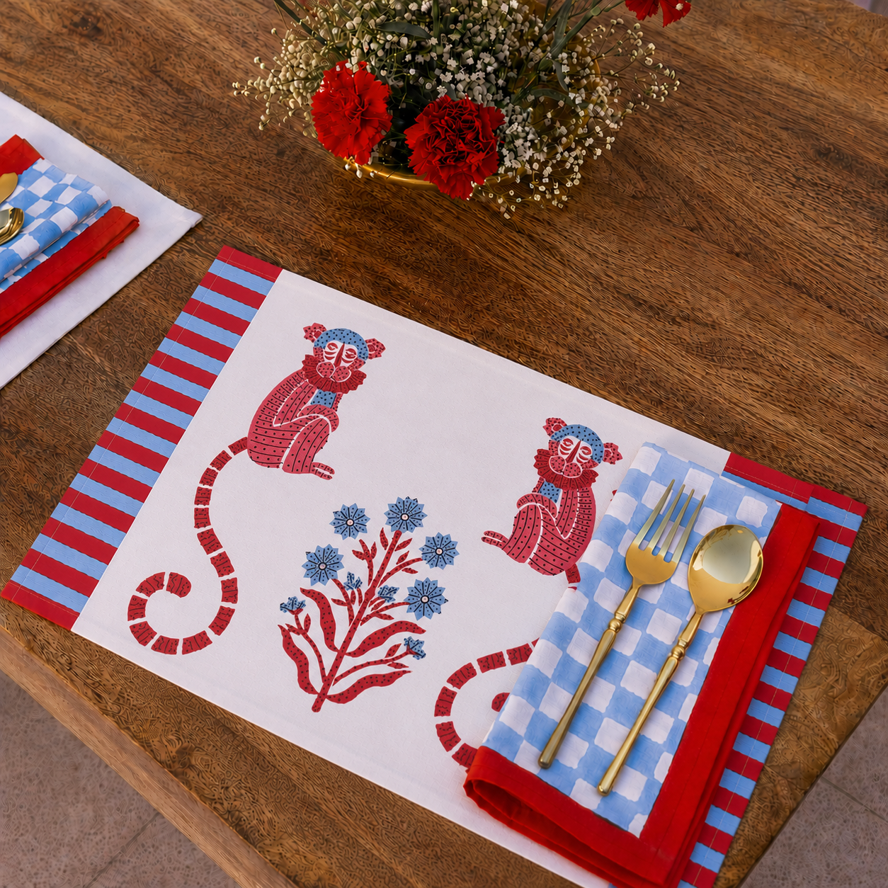 MONKEY RED AND BLUE PLACEMAT SET OF 2