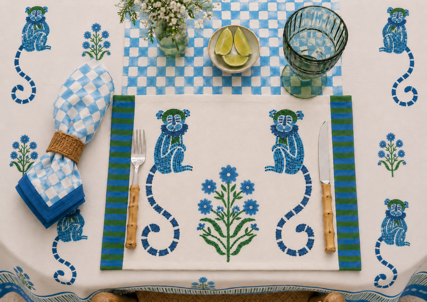 MONKEY GREEN AND BLUE PLACEMAT SET OF 2