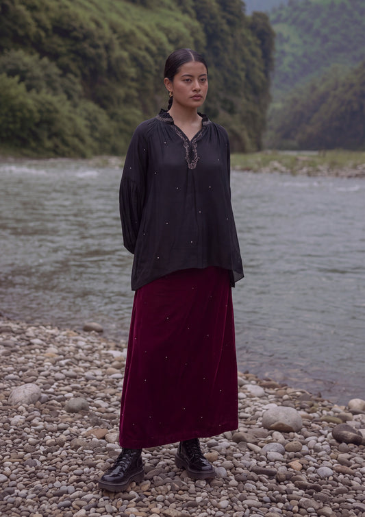 RANI SKIRT BURGUNDY MUKAISH EMBROIDERY