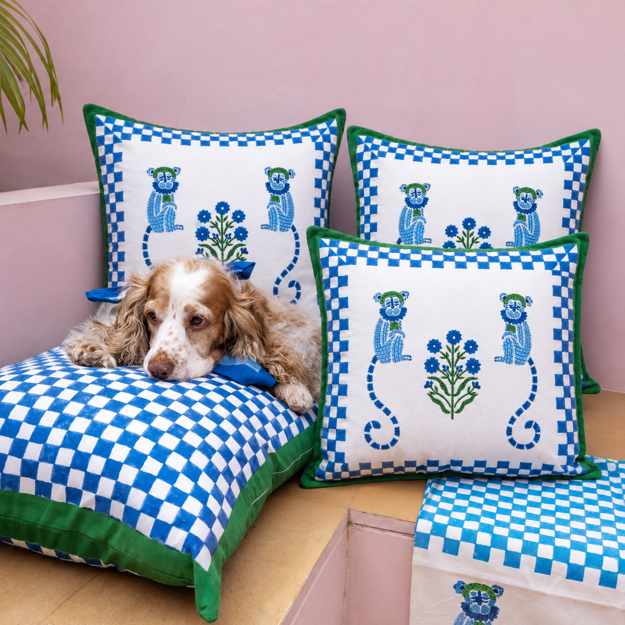 MONKEY GREEN AND BLUE CUSHION COVER