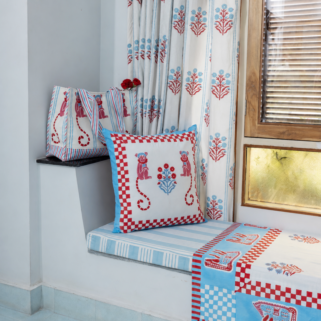 MONKEY RED AND BLUE CUSHION COVER