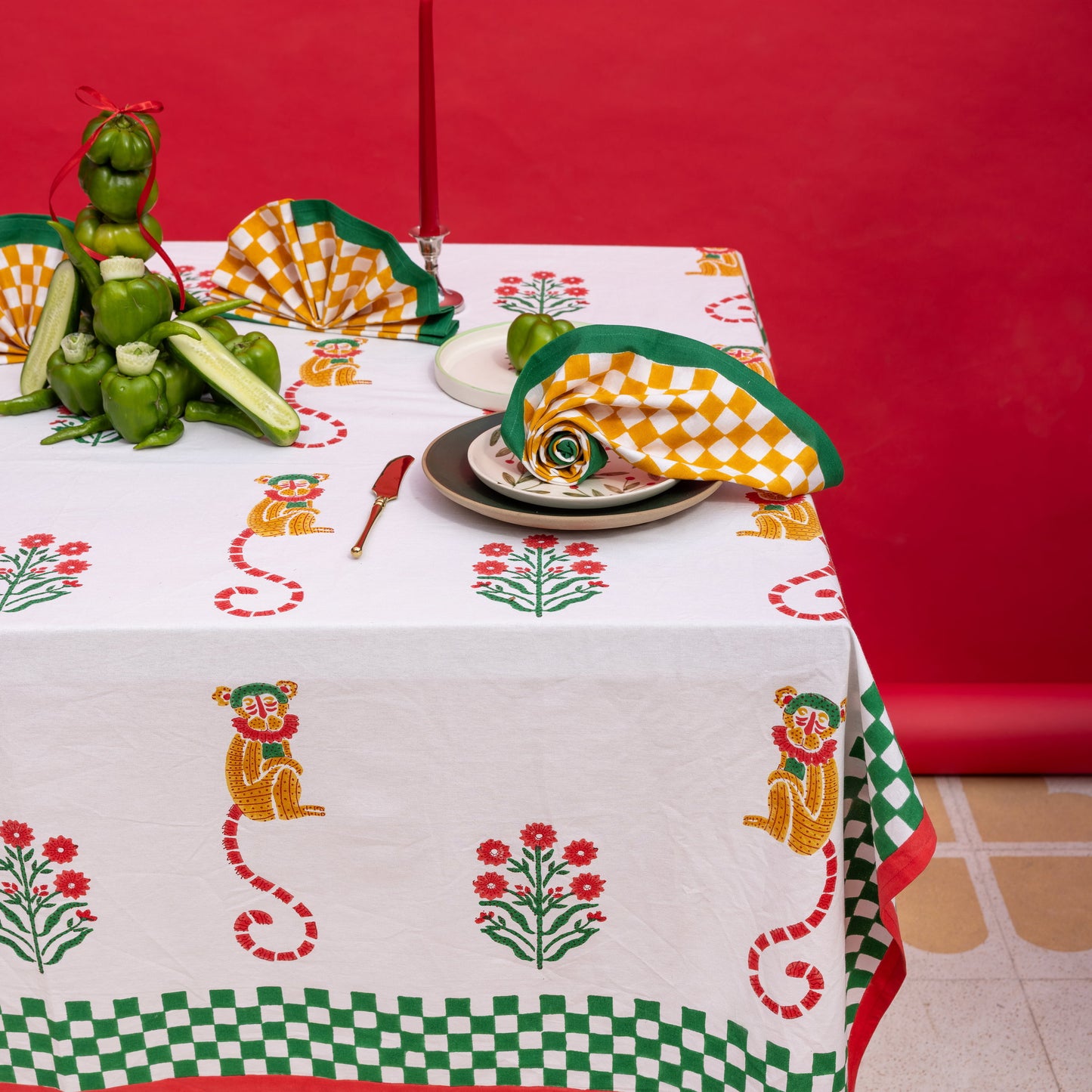 MONKEY MUSTARD AND GREEN TABLE CLOTH