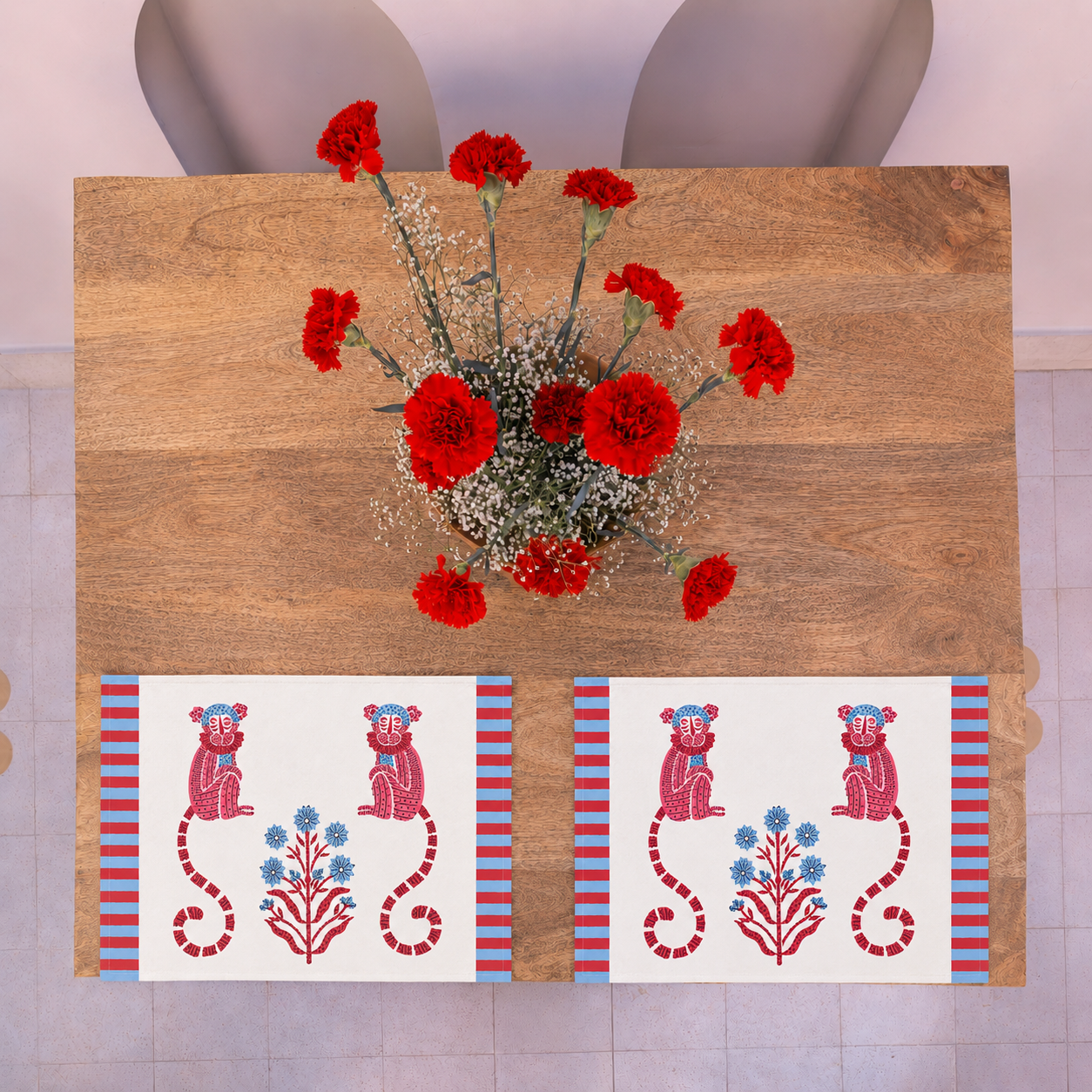 MONKEY RED AND BLUE PLACEMAT SET OF 2