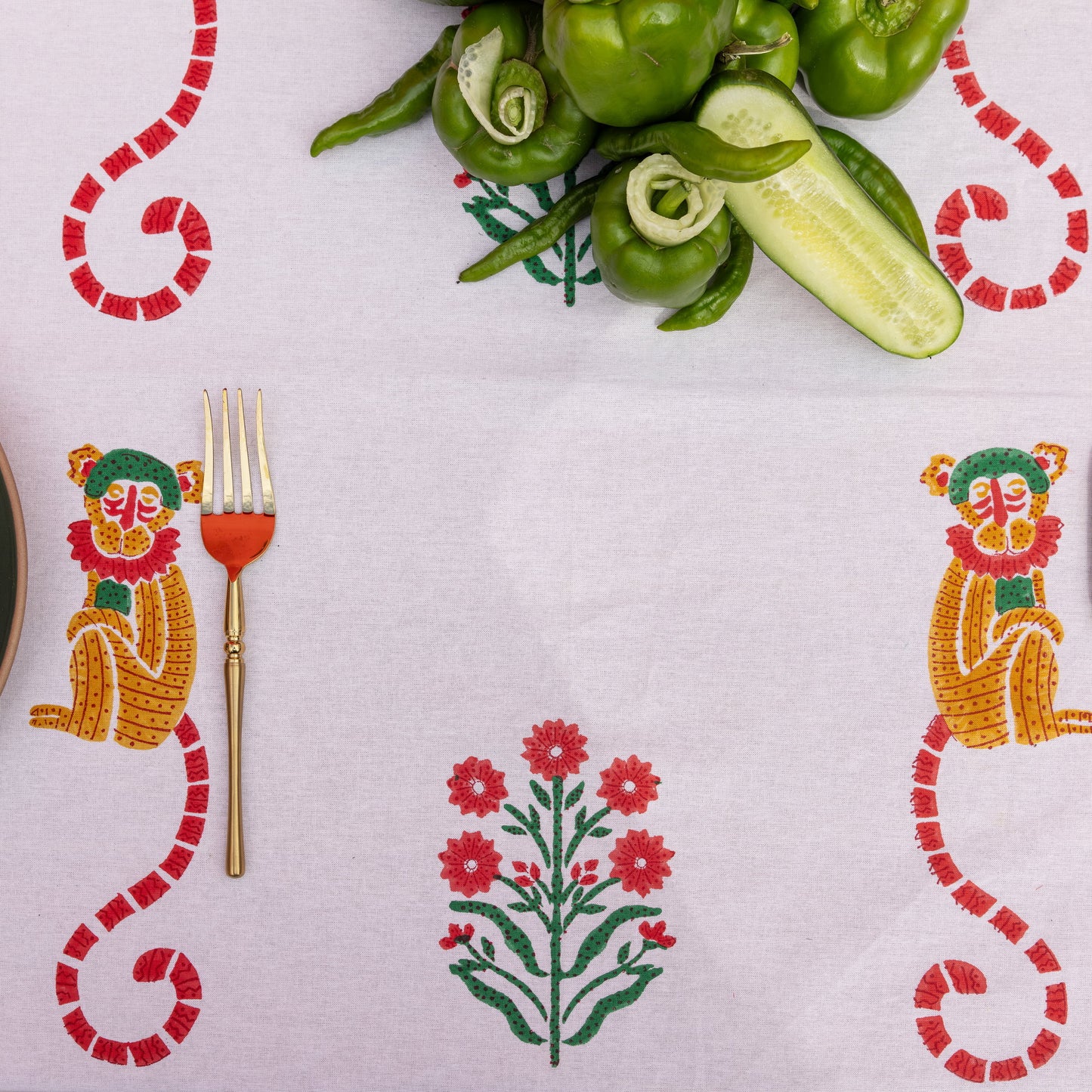 MONKEY MUSTARD AND GREEN TABLE CLOTH